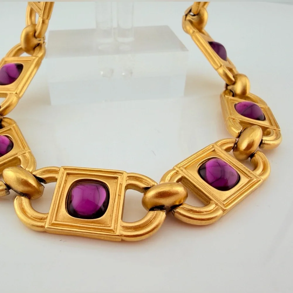 Monet for YSL 1980s Amethyst Glass Cabochon Link Necklace and earrings 68g - Picture 6 of 14